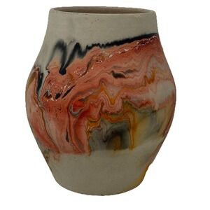 VTG Nemadji Art Pottery USA Marbled Vase 5.25 In Pink Orange Black Swirl Pattern